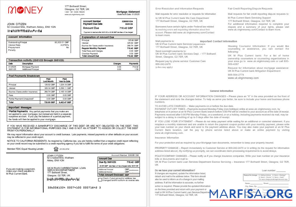Blank United Kingdom M Plus Current bank mortgage statement in Word and PDF formats example
